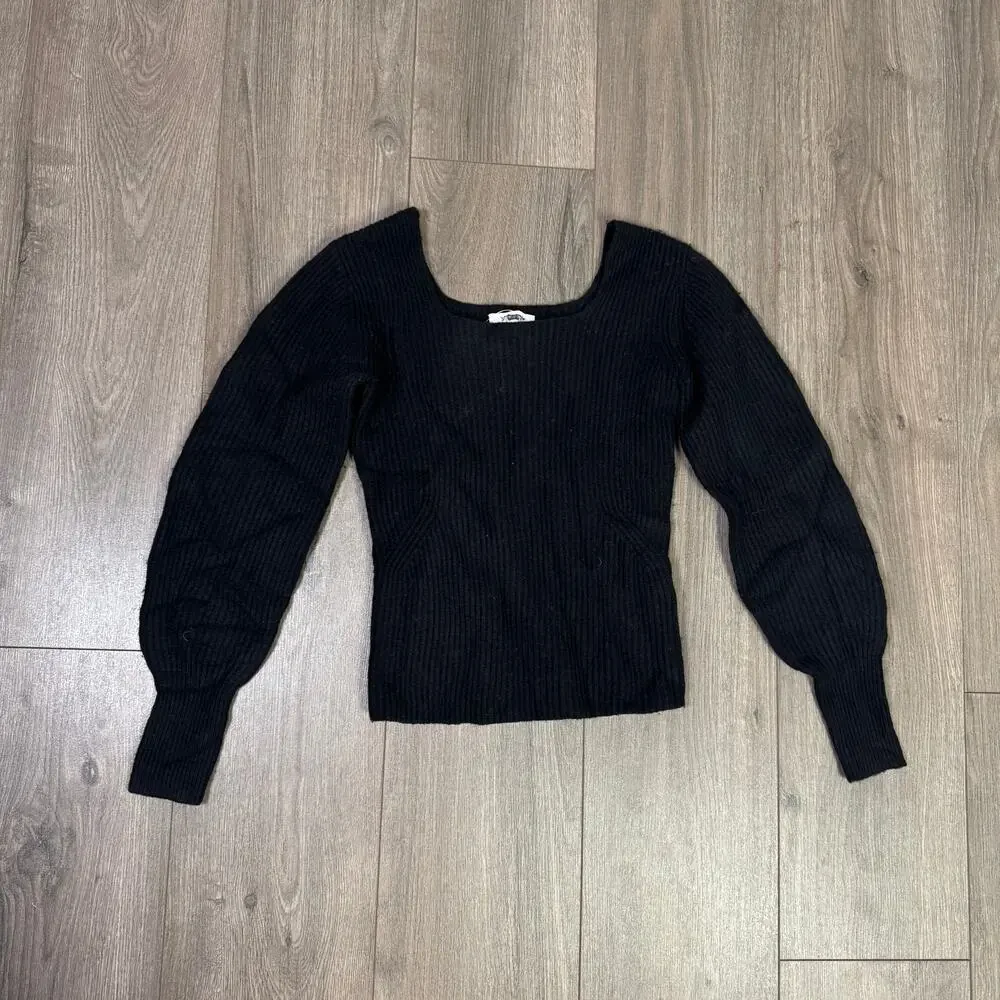 Madewell Soft Wool-Blend Square-Neck Pullover Sweater 2XS Black Blouson Sleeve